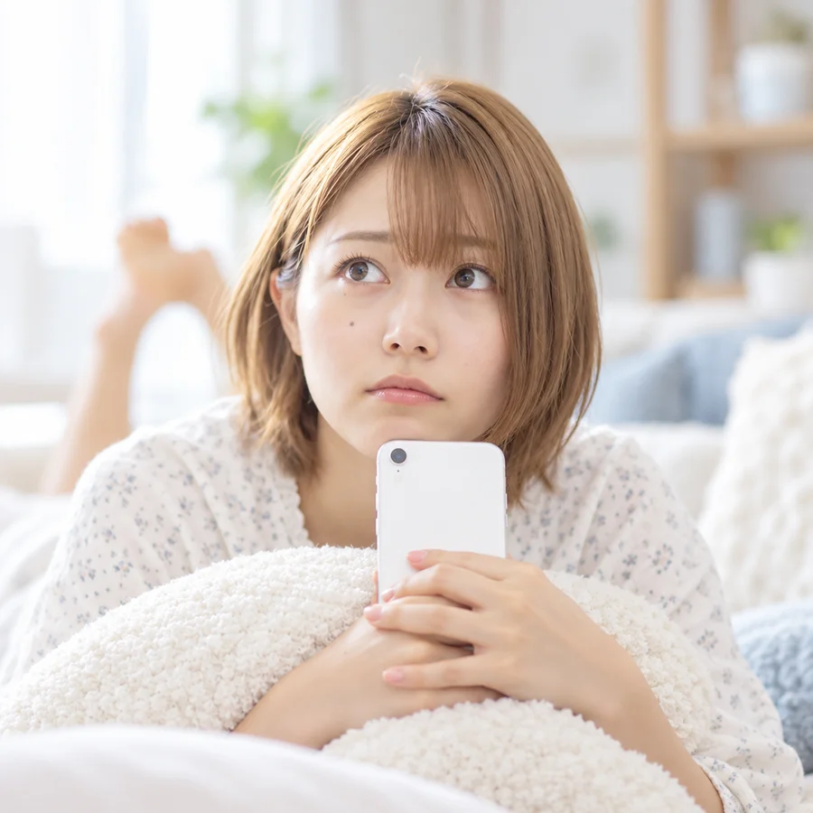 スマートフォンを手に、考えごとをする女性